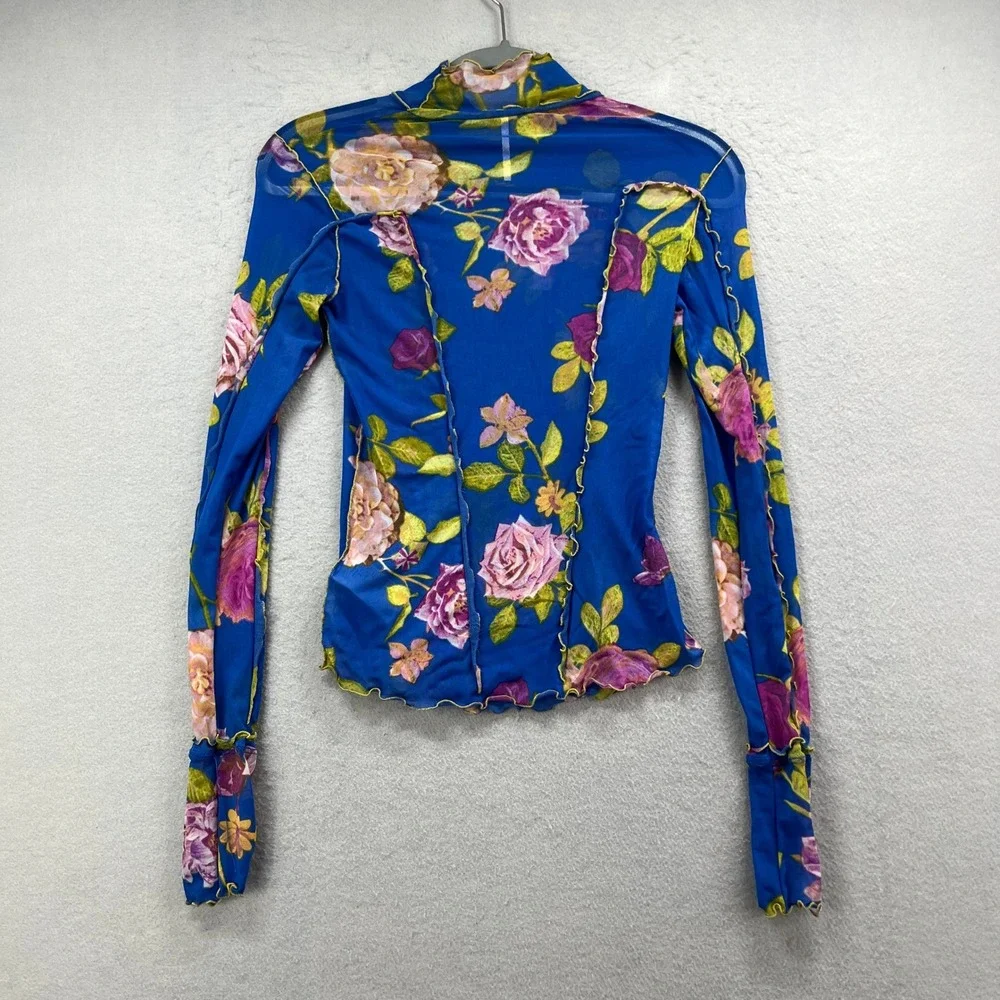 Free People Mesh Top Womens XS Blue Floral Sheer Mock Neck Long Sleeve Y2K